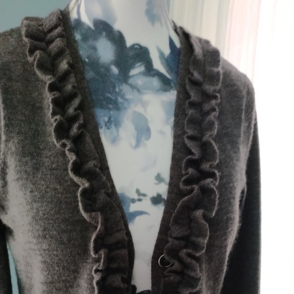 Grey Italian Merino Wool Cardigan with Ruffles - Picture 5 of 13